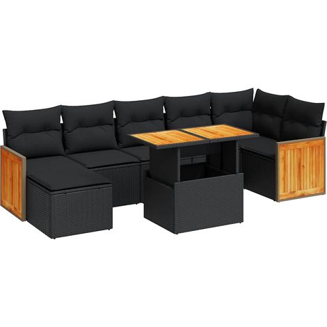 8 Piece Garden Sofa Set with Cushions Black Poly Rattan Acacia vidaXL (1/5)