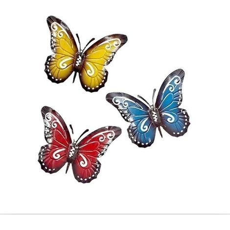 Papillon Métal - Décoration Murale Extérieure Intérieure - 27 x 21,4 cm - Jaune Rouge Bleu - Lot de 3