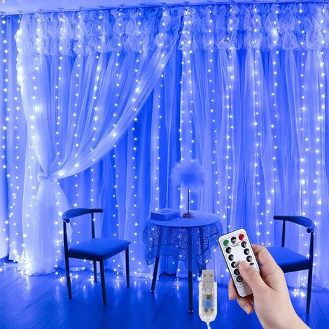 Guirlande lumineuse pour rideaux, bleue, 3 x 3 m, 300 LED