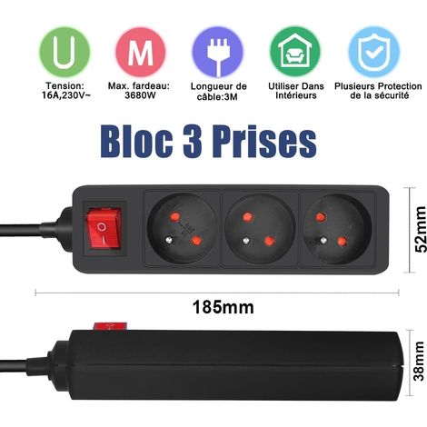 Multiprise monobloc 3 prises 16A avec rallonge interrupteur 3M 230 V avec sécurité enfant, noir (1/4)