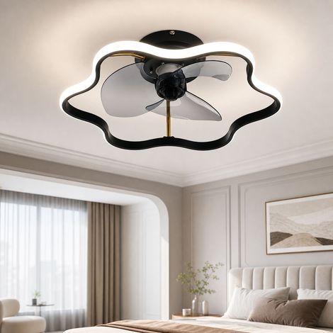 Ventilador de techo LED con forma de flor, 50 cm, motor silencioso de 32 dB, control remoto y aplicación, iluminación de 3 colores, negro. (1/4)