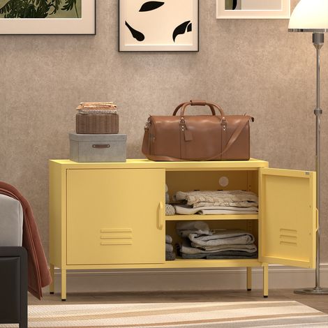 TV-Schrank aus gelbem Metall 100 x 40 x 65 cm mit verstellbaren Regalböden HAVRYA (1/5)