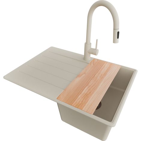PRIMAGRAN Evier Cuisine en Granit 70x50cm, Lavabo 1 bac + Robinet 40x20cm + Kit de Vidage + Accessoire, Évier à Encastrer au meuble 40cm - Copenhague, Beige (1/5)