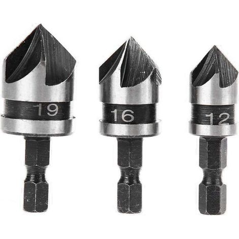 3-teiliges 90°-Fasenbohrer-Set mit 5 Schneiden für Holz und Metall, Schnellwechsel-Fasenbohrer aus Kohlenstoffstahl (1/4"-Sechskant), Fasenbohrer für Holz, 12/16/19 mm (1/5)