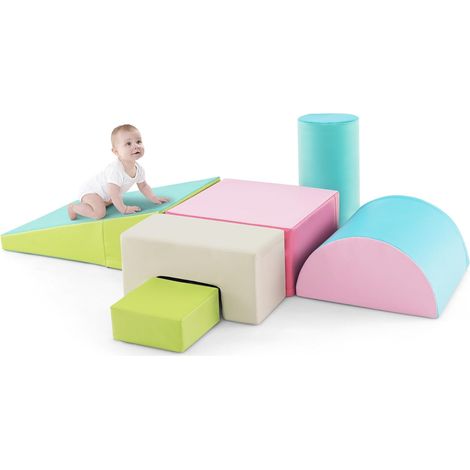 COSTWAY 6 PCS Parcours Motricité Bébé en Mousse EPE avec Housse en PU, Module Motricité Bébé avec Fermeture Clair & Formes Différentes, Jouets Éducatifs pour Enfants d'Âge Préscolaire… (Vert+Rose) (1/5)
