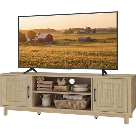 135 cm hoher TV-Ständer, geeignet für Bildschirme bis zu 65 Zoll, mit 2 Rattantüren und 2 offenen Regalböden, Eiche