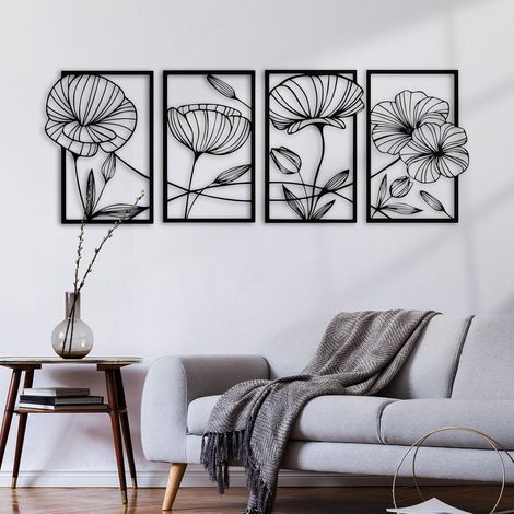 Ensemble de 4 décorations murales en métal en forme de fleur de lotus Ineasicer - Décoration murale minimaliste à suspendre pour salon, chambre, bureau et salle de yoga (noir)