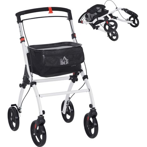Déambulateur en aluminium pliable pour personnes âgées avec 4 roues, freins blancs, plateau, levier à hauteur réglable