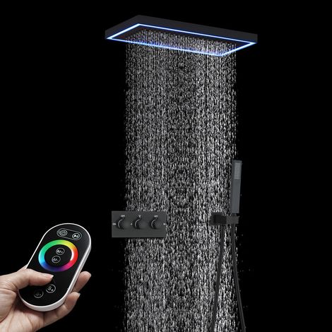 Colonna doccia,Soffione doccia LED musicale a 64 colori 400x200mm,Sistema doccia per tutto il corpo,Set doccia a pioggia a soffitto,Valvola doccia a 2 funzioni,Con doccetta manuale (Nero) (1/5)