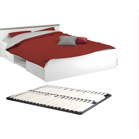 Vente-Unique – Lit avec tiroirs 140 x 190 cm – 2 tiroirs et 1 niche – Blanc – Panneau mélaminé – Charge maximale 250 kg (1/5)