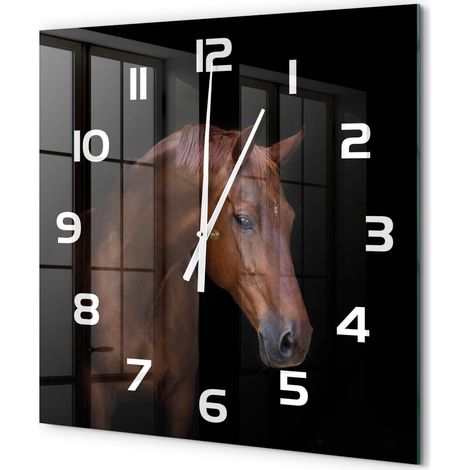 Grande Horloge Murale Carrée Déco Salon Verre Trempé Silencieuse Design Contemporain Cheval brun 60x60 cm (1/5)