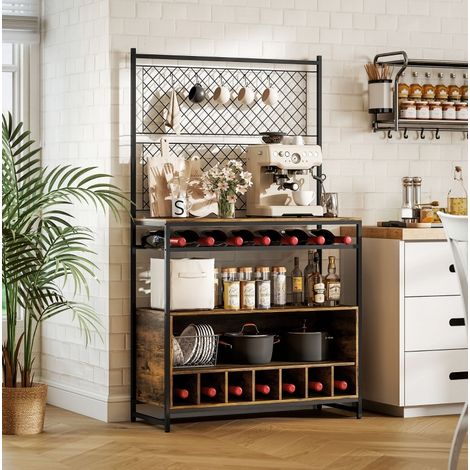 Scaffale da cucina in legno marrone rustico con struttura in metallo, piano di lavoro 96,5 cm, portabottiglie e 5 ganci (1/5)