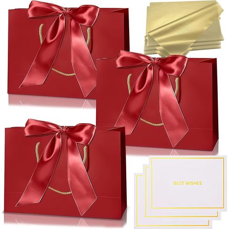 3 pièces Sacs Cadeau Rouge Vin,Pochettes Cadeau en Papier Moyen avec Anse,Emballage Cadeaux avec Ruban d'Arc 3 Cartes 6 Mouchoirs,pour Anniversaires Mariages Fêtes Noël Paquet Luxe Elégantes