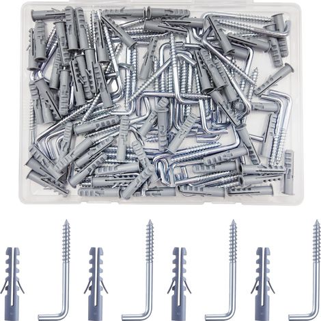 Lot de 120 crochets à vis en métal M6 x 30 avec chevilles, crochets muraux résistants à angle droit pour la maison et le bureau, montage facile, solution de suspension polyvalente (1/5)