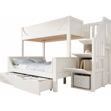 Lit superposé enfant 90x200 en haut et 140x200 en bas, avec escalier-rangement, grands tiroirs et design traîneau blanc, bois et métal, pour chambre partagée  CHICFURN (1/5)