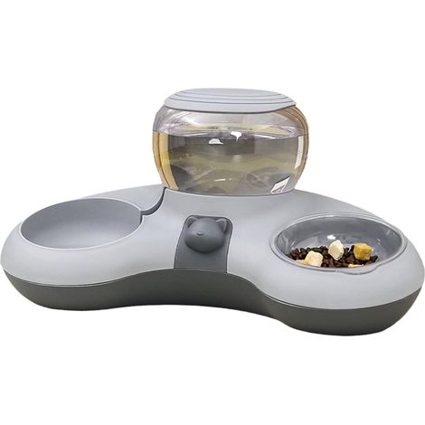 Gamelle Pour Chat - Double Bol Croissant Avec Distributeur D'Eau Automatique 1,4 L - Inclinée Pour Ergonomie - Gris