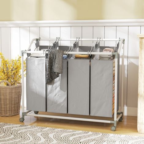 Cesto para ropa 97x38x81 cm gris de metal con 4 compartimentos y ruedas (1/5)