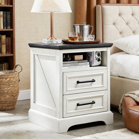 Table de Chevet Commode 45,7 cm avec Station de Charge, Table d'Appoint à 2 Tiroirs de Rangement, Adaptée Chambre & Salon en Panneau de Particules - Blanc (1/5)