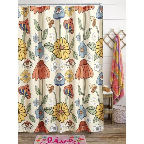 Duschvorhang im Retro-Stil der 70er – Psychedelisches Blumenmuster – Gelb und Orange – Ausgefallene Pilze, Blumen und Augen – Vintage-Hippie-Stil – Dekoration