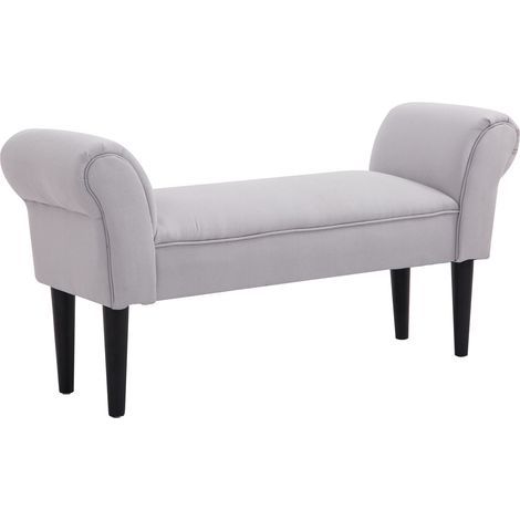 Banc rembourré en toile avec accoudoirs, structure en bois, peut servir de banc à chaussures dans la chambre, le salon ou l'entrée. Dimensions : 102 x 36 x 51 cm. Couleurs : gris et blanc. (1/5)