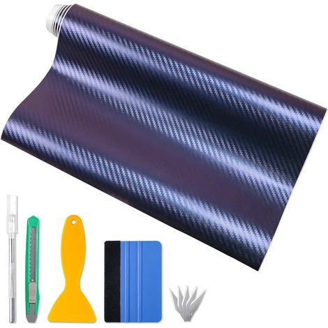 Film Covering Voiture, 3D Covering Carbone en Vinyle 300 x 30cm Bleu-Violet, Fibre de Carbone Imperméable Adhésif Pas de Bulles, Autocollant pour Voiture, Moto, Vélo, avec des Outils (1/5)