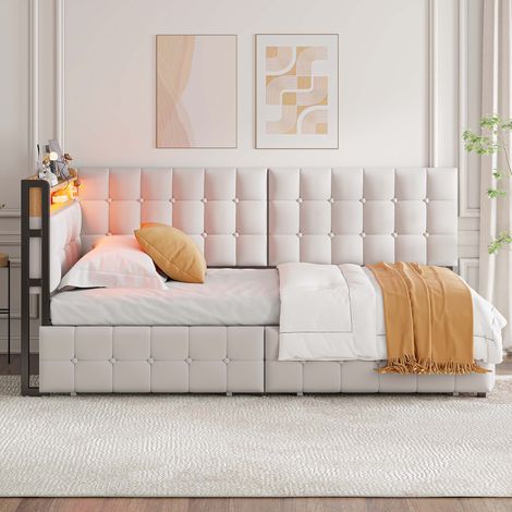 Canapé-lit en velours beige 90x200 cm avec 2 tiroirs, LED intégrée, ports USB et USB-C (1/5)