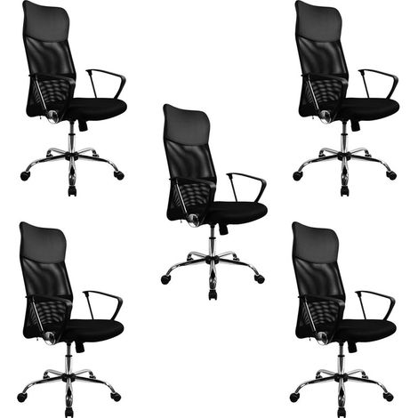DASCK - Pack de 5 Sillas de Oficina – Ergonómicas con Respaldo de Malla, Base Cromada y Reposabrazos Fijos