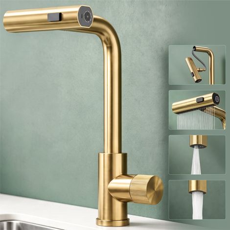 Mai & Mai Robinet Évier de Cuisine en Acier Inoxydable 304 Rotatif à 360° Eau Chaude et Froide Mélangeur Trois Modes de Jet Bec Extractible Mitigeur Cuisine Or Brossé 31,6 cm Turnix-02 (1/5)