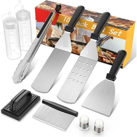 Set de 10 ustensiles pour plancha et barbecue, spatules en acier inoxydable, kit d'accessoires teppanyaki, résistant à la chaleur, idéal pour grillades extérieures. (1/5)