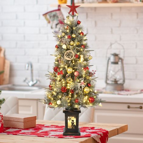 Sapin de Noël artificiel enneigé 125cm avec 150 LED blanc chaud & multicolores – 9 modes, base lumineuse rétro bonhomme de neige, parfait pour table, maison et bureau. Spécifications : 4ft, double cou (1/5)
