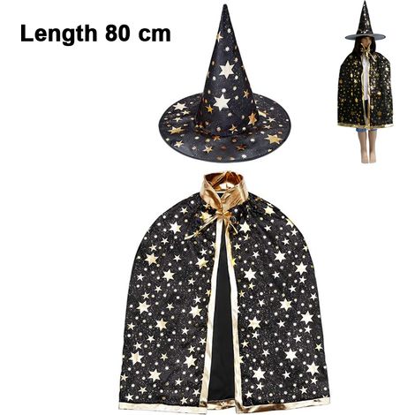 Costume d'Halloween : cape de sorcier, manteau de sorcière avec chapeau à armature, motif pour jeu de rôle d'enfants (1/5)