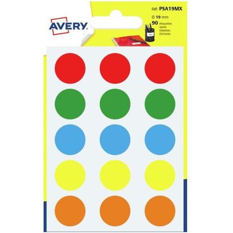 Avery PSA19MX étiquette auto-collante Rond Permanent Couleurs assorties 90 pièce(s)