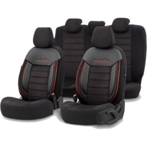 Komplett-Set Luxuriöse OTOM-Sitzbezüge – Textil mit Kunstleder, COMFORT LINE Design – Schwarz mit roter Naht, für Vorder- und Rü