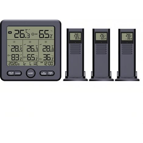 FLITI Wireless 3-Sensor Digital Thermometer Hygrometer, Backlit LCD Screen, Indoor/Outdoor Weather Station with Time, Date, Day of the Week, and Temperature and Humidity Limit Overshoot Alarm (1/4)
