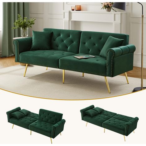 Canapé-lit 2 places, avec fonction de couchage, revêtement en velours, dossier réglable sur trois positions, se transforme en lit, vert (1/5)