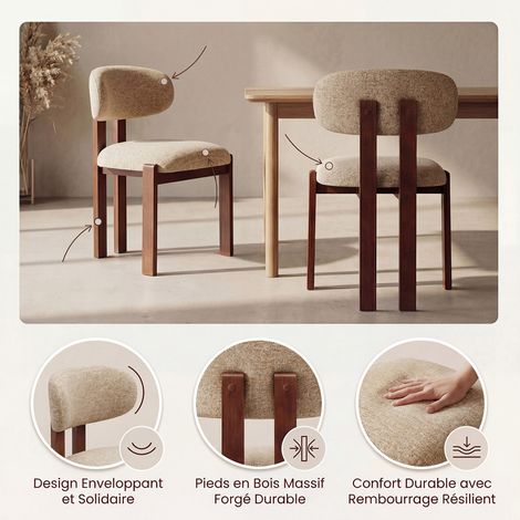 COLAMY Chaise,Lot de 2 chaises de salle à manger en chenille,bois massif marron, assise confortable,style nordique,camel