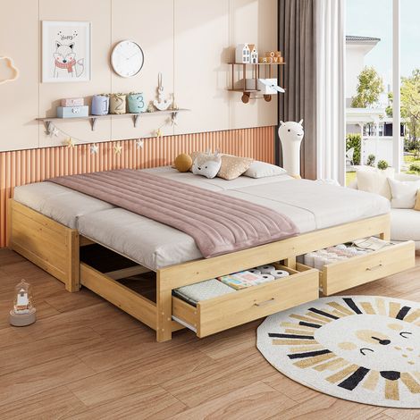 Modernluxe - Canapé-lit extensible en bois 180 x 190 cm - avec 2 tiroirs - avec sommier à lattes - naturel (sans matelas) (1/5)