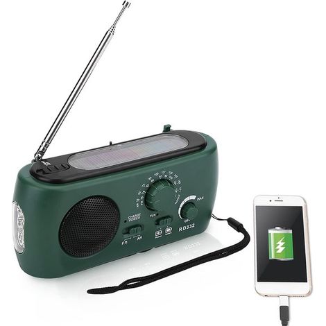 OmGoods,Radio solar de cuerda,Radio AM/FM con manivela,Cargador de teléfono de emergencia,Linterna LED,Ideal para acampar,Modelo 1393c64b (1/5)