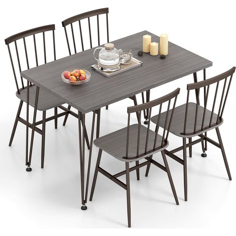 COSTWAY 5-Pcs Dining Table Set Rectangular Kitchen Table & 4 Chairs-Grey