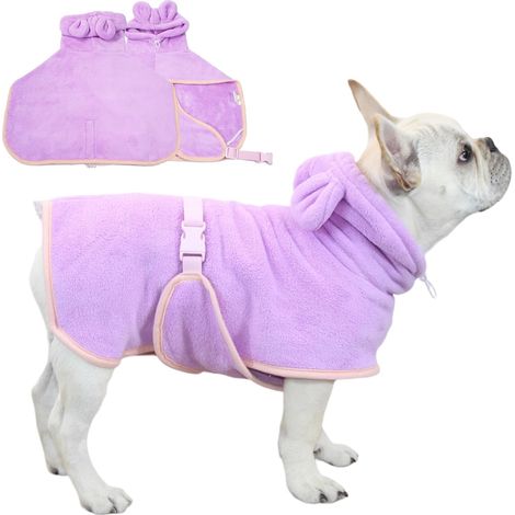 Peignoir à Capuche pour Chien et Chat - Séchage Rapide - Col réglable et Sangle Ventrale - pour Piscine et Plage - Violet - Taille XL (1/5)