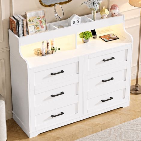 Commode 6 Tiroirs Blanche Style Scandinave Meuble de Rangement Moderne Chambre Salon avec Bande LED RGB et Prises USB Intégrées (1/5)