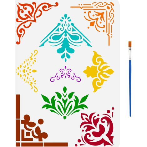 Pochoir de Peinture pour Coin Décoratifs Avec 1 Pinceau en Plastique 21X29.7cm Modèle de Dessin de Coin de Fleur Réutilisable Pochoir de Bordure à Motif Floral pour Meubles Muraux Bois (1/5)