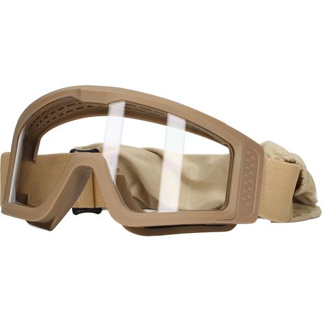 Lunettes de protection renforcées, résistantes aux chocs et offrant une protection UV, avec verres transparents, gris et jaunes traités pour une luminosité accrue. Monture kaki. (1/5)