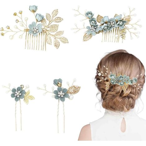 Lot de 4 peignes à cheveux accessoires cheveux mariage bijoux cheveux strass verts peigne cheveux mariage peigne fleuri pour femme (1/5)