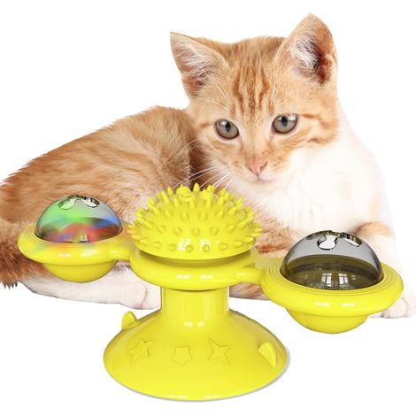 Roue pour chat avec herbe à chat - Jouet interactif rotatif à ventouse - Jouets pour chats d'intérieur - Stimule l'activité et divertit le chat (jaune) (1/5)