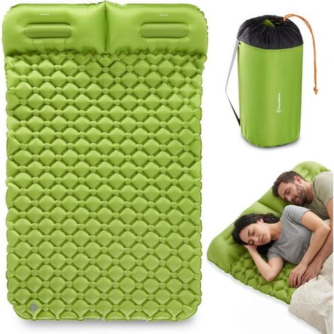 Matelas Gonflable Camping 2 Places avec Oreillers Intégrés et housse 190x120cm - Hypermotion- Ultraléger- Randonnée- Vert (1/5)