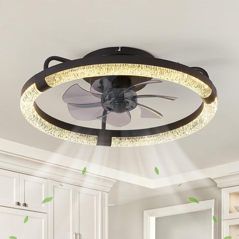 Plafonnier ventilateur cristal 50 cm, lumière LED dimmable, moteur silencieux, télécommande, décoration élégante pour salonNoirCercle diamant (1/5)