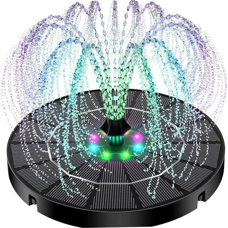 Solarbrunnen, Solar-Vogelbadbrunnen, 3,5-W-Pumpe (schwarz) mit farbigen LED-Leuchten und austauschbaren Düsen – Für Vogeltränken, Gärten, Teiche und Schwimmbäder
