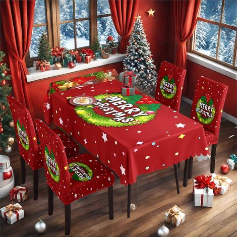 Ensemble nappe et housse de chaise de Noël rouge classique 2025, imperméable et extensible (140 x 210 cm) - TC-93 (1/4)