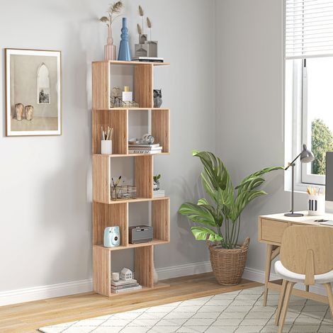Libreria a 5 ripiani a forma di S per soggiorno, camera da letto, studio, ufficio, 24x60x184,5 cm, colore naturale.